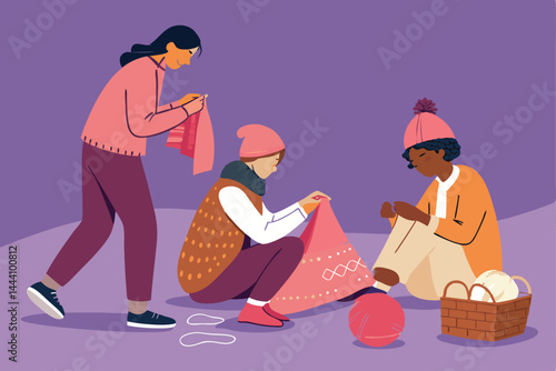 Volunteers knit warm clothing for the homeless in a cozy, community setting.  Show compassion and teamwork.