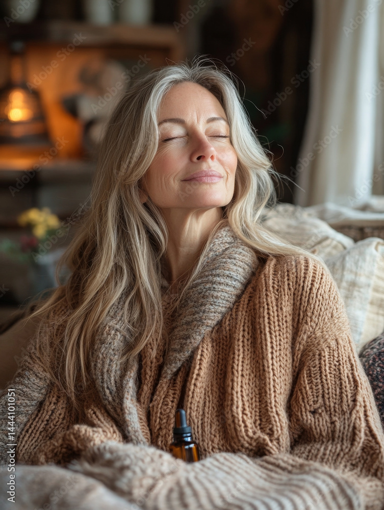 Senior woman enjoying aromatherapy with essential oils, radiating tranquility and relaxation Senior woman enjoying aromatherapy with essential oils, radiating tranquility and relaxation