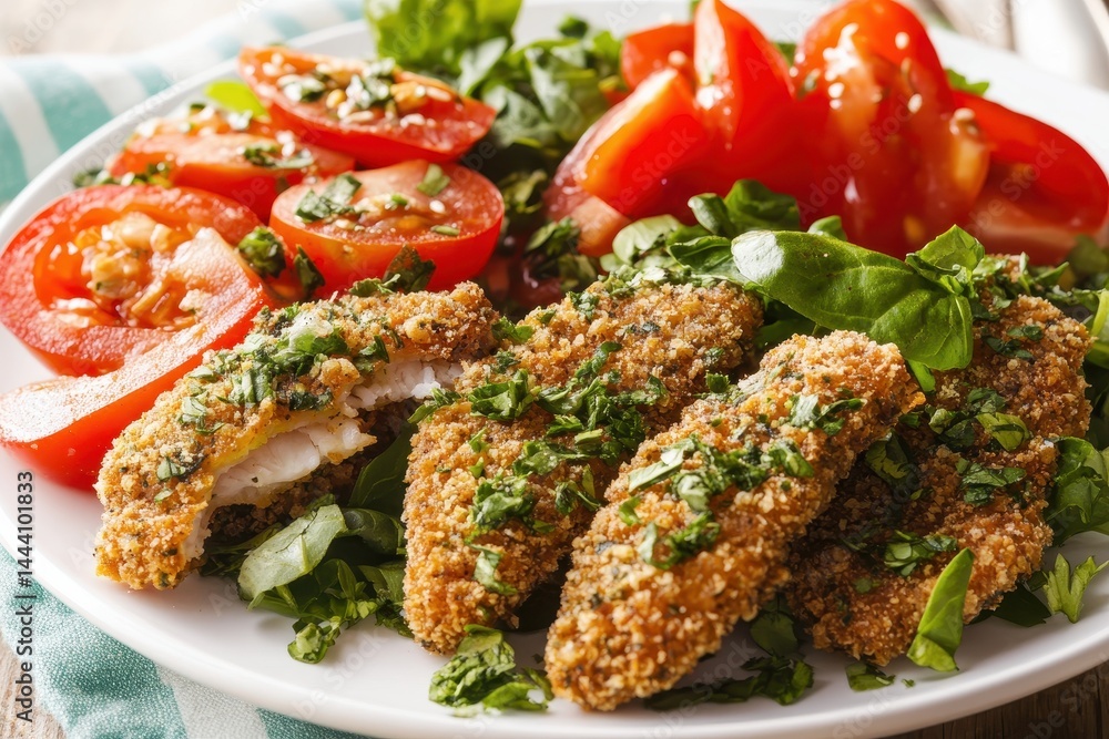 Crispy baked fish fillets served with fresh tomatoes and basil on a white plate Crispy baked fish fillets served with fresh tomatoes and basil on a white plate