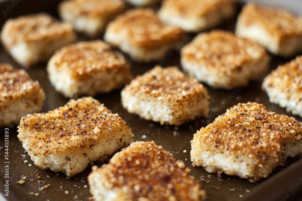 Crispy breaded tofu squares on a baking tray, ready for cooking in a kitchen setting Crispy breaded tofu squares on a baking tray, ready for cooking in a kitchen setting