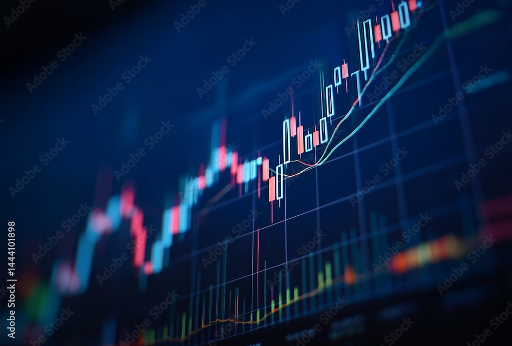 Candlestick stock market chart with rising and falling lines on dark blue background, representing financial trading, investment analysis, and market fluctuation concept Candlestick stock market chart with rising and falling lines on dark blue background, representing financial trading, investment analysis, and market fluctuation concept