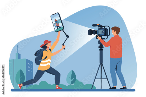 A person using a smartphone to film a breaking news story on a busy city street, showcasing mobile journalism in action.