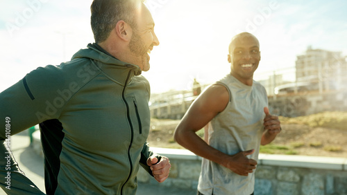 Obraz na płótnie Team, happy or running in city fitness, exercise or workout wellness on promenade