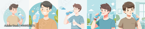 vector of a young man drinking water using a bottle