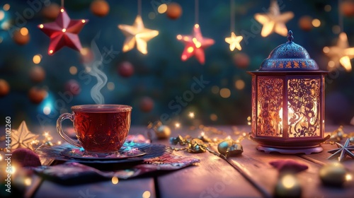 Festive tea cup scene with warm lights and holiday decor