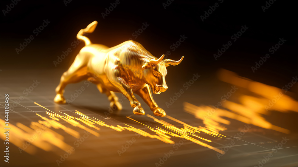Fototapeta premium Golden Bull Charging Upwards on Glowing 3D Stock Chart Representing Market Optimism and Growth