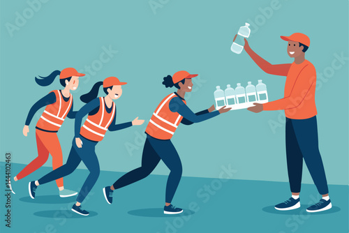 Volunteers assisting runners during a bustling marathon, handing out water, supplies, and offering encouragement.  Show diverse volunteers actively engaged.