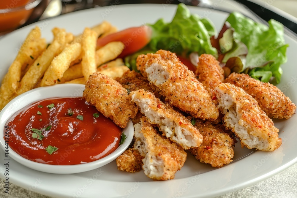 Crispy chicken tenders served with fries, fresh salad, and ketchup on a restaurant table Crispy chicken tenders served with fries, fresh salad, and ketchup on a restaurant table