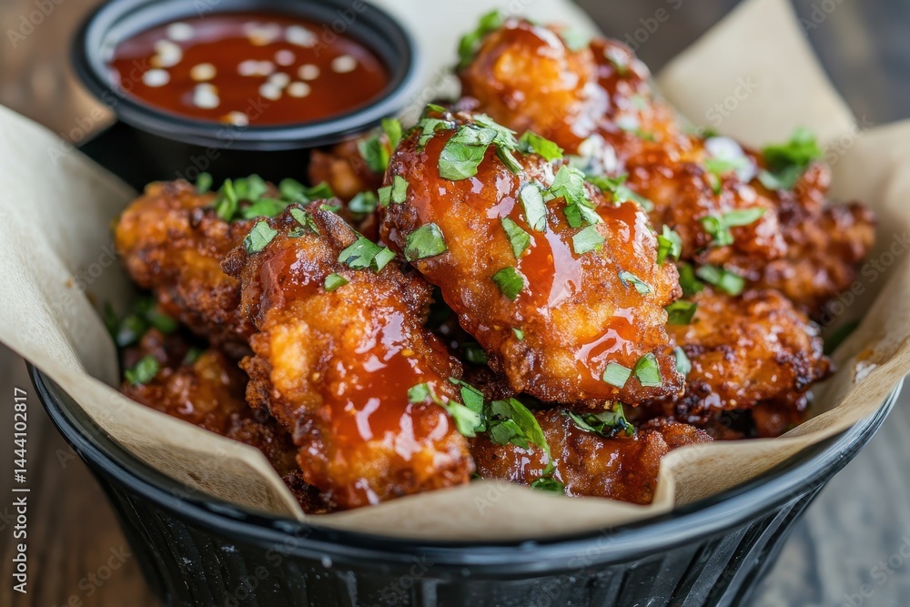 Crispy chicken wings glazed in spicy sauce, garnished with herbs, served in a bowl Crispy chicken wings glazed in spicy sauce, garnished with herbs, served in a bowl