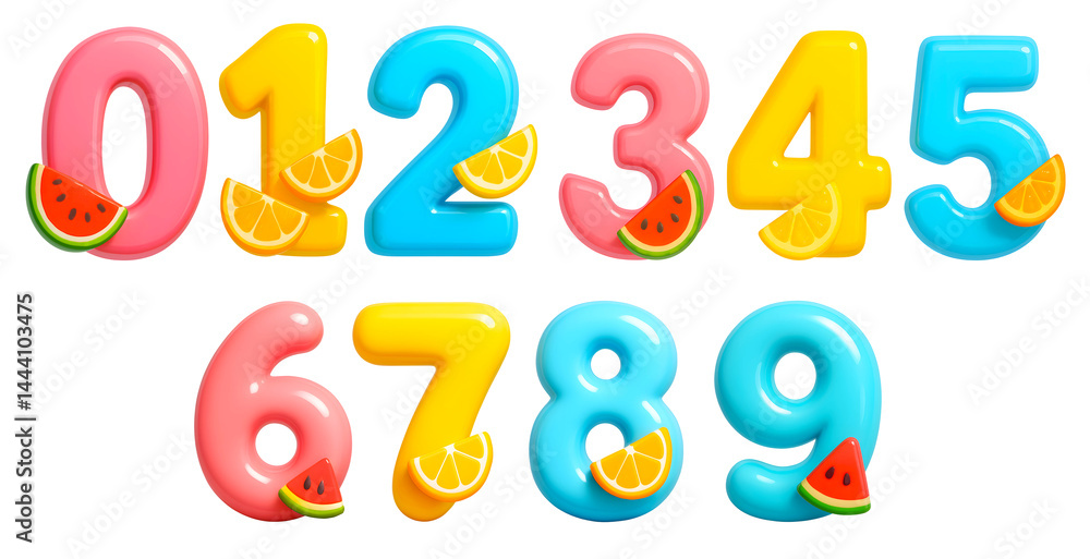 Fototapeta premium Juicy 3D numbers 0–9 in fruity pink, yellow, and blue tones with watermelon and lemon slice accents on transparent background. 