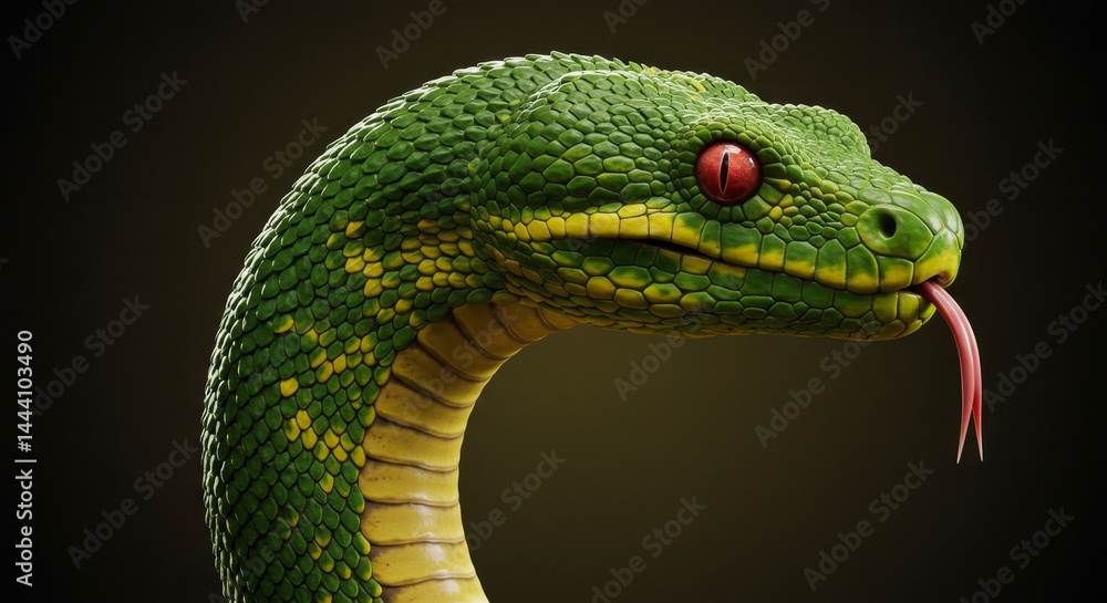 Fototapeta premium Green Snake Portrait - Close-up of a vibrant green snake with red eyes, its tongue extended. Detailed scales and textures are visible