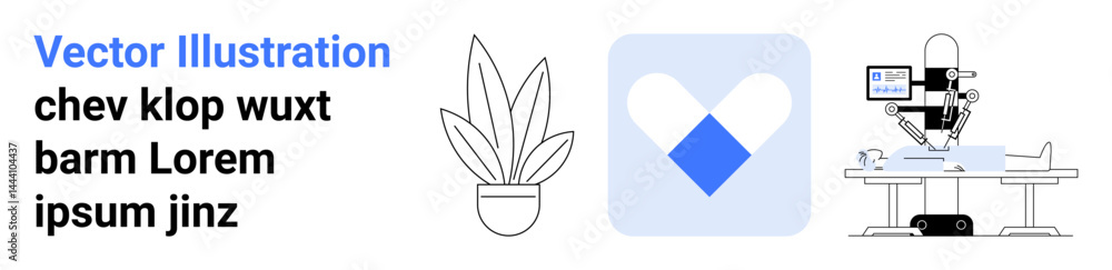 Robotic arm performing a surgical procedure, a potted plant, and an abstract heart in a blue square. Ideal for healthcare, technology, science, surgery, innovation, wellness flat landing page banner Robotic arm performing a surgical procedure, a potted plant, and an abstract heart in a blue square. Ideal for healthcare, technology, science, surgery, innovation, wellness flat landing page banner