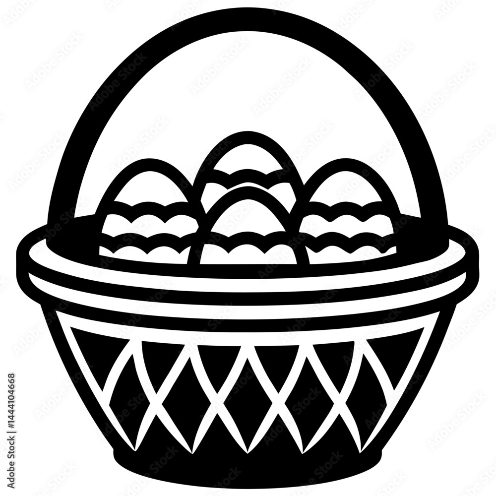 Easter basket icon with striped eggs in black silhouette style for holiday and spring celebration design Easter basket icon with striped eggs in black silhouette style for holiday and spring celebration design