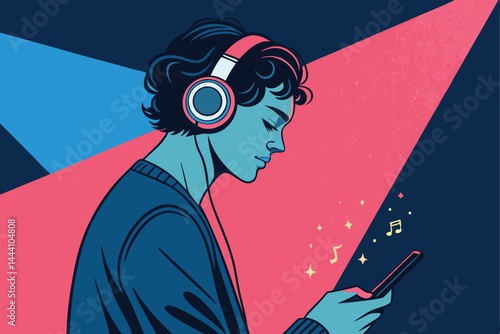 A young person at a vibrant party, wearing headphones, completely engrossed in music and seemingly oblivious to the surrounding social activity.