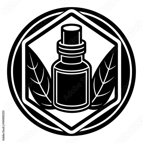 Essential oil bottle icon with leaves for aromatherapy, spa, and natural wellness design