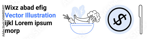 Bowl of vegetables, coin with dollar sign, and cutlery. Ideal for nutrition, healthy eating, affordability, finance, dietary plans, wellness simple landing page
