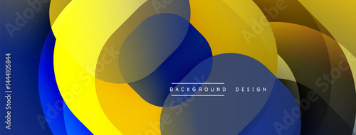 Abstract shapes overlap, creating dynamic visual effect. Yellows, blues, browns blend smoothly. Modern design element.