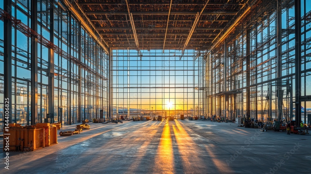 Empty, modern, airport terminal under construction at sunrise Empty, modern, airport terminal under construction at sunrise