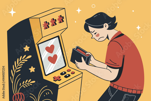 Depressed person staring at empty wallet after unsuccessful gacha pulls, surrounded by phone and gacha game icons.  Illustrate financial strain from excessive gaming.