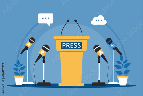 Create a modern, flat-style illustration depicting a press conference scene; include journalists with microphones, a speaker at a podium, and subtle background details.