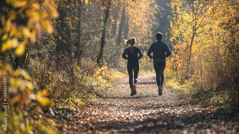 Obraz premium A couple jogging along a forest trail, both feeling the health benefits of their outdoor fitness journey.