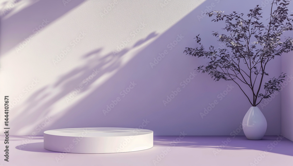 3D render of a minimalist purple scene featuring a modern product presentation podium, a sleek white round display table, and a decorative vase placed to the side for visual balance. 3D render of a minimalist purple scene featuring a modern product presentation podium, a sleek white round display table, and a decorative vase placed to the side for visual balance.