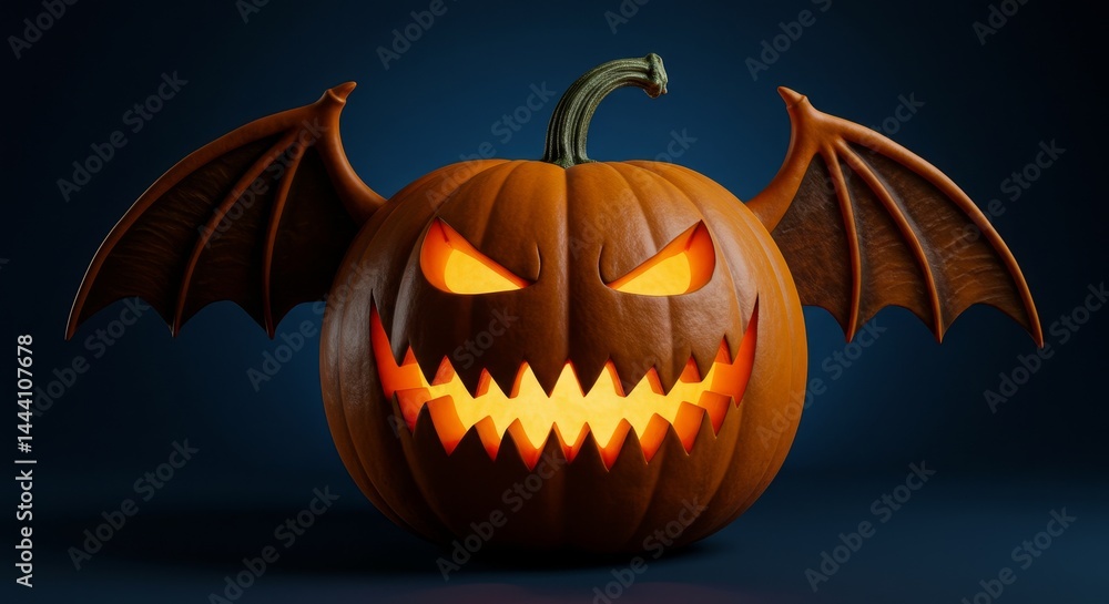 Fototapeta premium Menacing Pumpkin with Bat Wings - A sinister jack-o'-lantern with bat wings, symbolizing Halloween, darkness, autumn, mischief, and fright