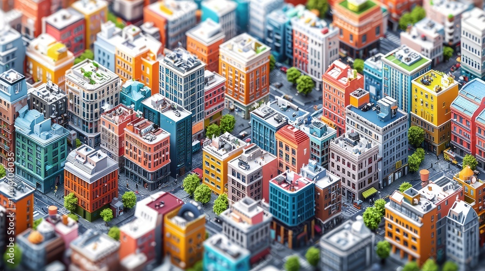 Naklejka premium High-angle view of a vibrant, stylized city. Colorful buildings, streets, and greenery