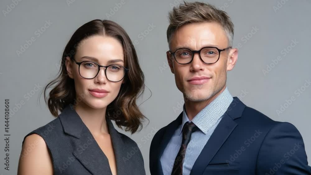 Stylish Pair: A well-dressed man and woman, adorned with eyeglasses and a confident gaze, portray sophistication and approachability, perfect for modern professional settings. Stylish Pair: A well-dressed man and woman, adorned with eyeglasses and a confident gaze, portray sophistication and approachability, perfect for modern professional settings.