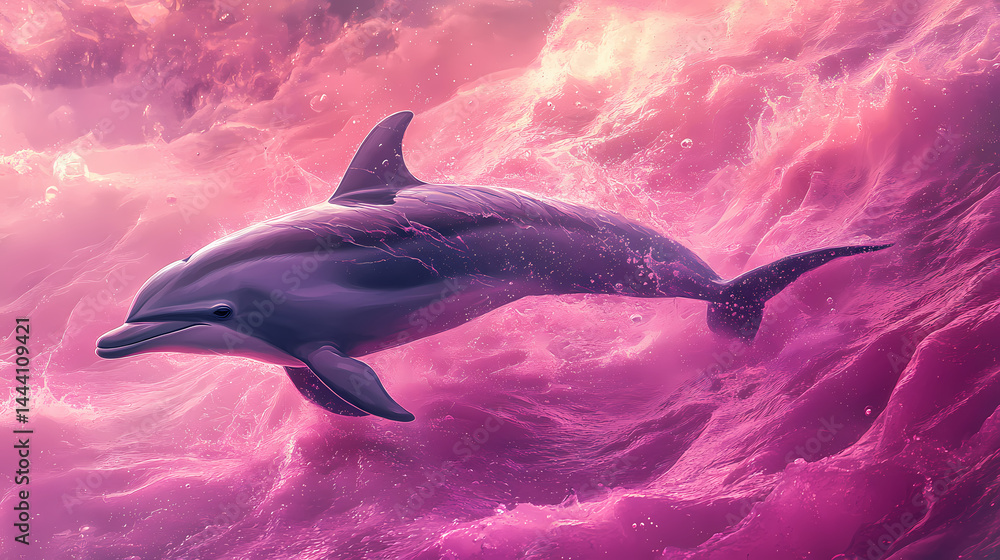Naklejka premium A dolphin swimming in pink waters, creating a surreal and artistic scene. [Surreal Oceans] | Magnetic Shores | charged sands. Illustration