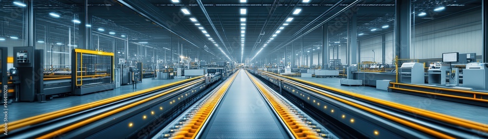 Obraz premium Modern Automated Factory Interior with Advanced Robotics and High-Tech Machinery in a Spacious Industrial Setting