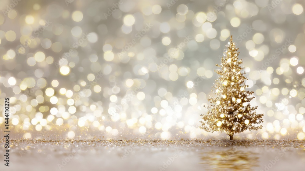Sparkling Christmas Tree with Golden Holiday Lights on Glittery Background Sparkling Christmas Tree with Golden Holiday Lights on Glittery Background