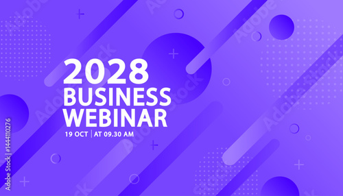 An abstract banner template for a business webinar or online conference. The modern purple background features a dynamic geometric pattern with lines and circles for a futuristic technology event.