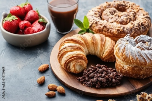 Wallpaper Mural Delicious assortment of pastries and strawberries on a wooden platter with coffee nearby Torontodigital.ca