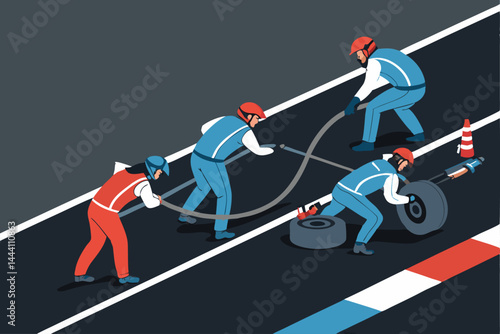 A dynamic image depicting a contemporary pit crew expertly refueling a racecar, showcasing fuel hoses, tools, and intense action.