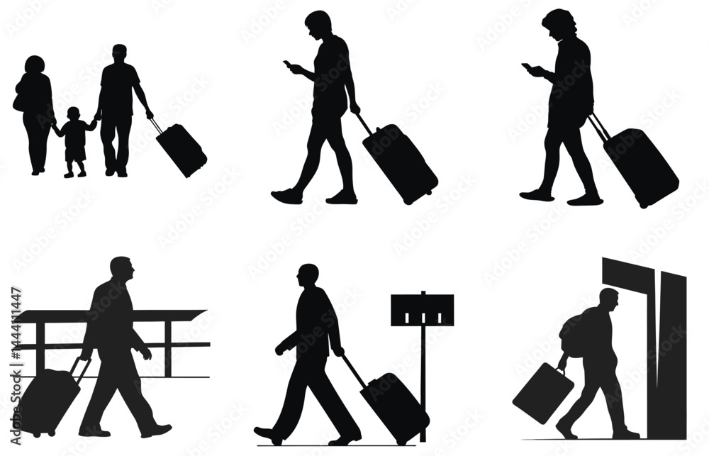 Obraz premium Traveler Silhouettes with Luggage | Airport | Business Trip | Vacation