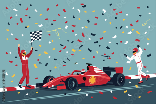 Formula 1 pit crew jubilantly celebrating a driver's fastest lap achievement during a Grand Prix race.  Exuberant team spirit and high-five moments.