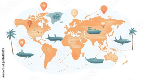 Colorful World Map Illustration with Travel Elements and Landmarks for Adventure Themes
