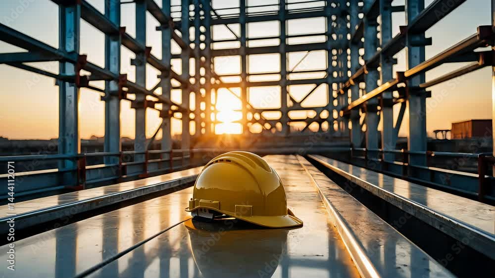 Yellow hard hat resting on metal construction beams at sunset on building site