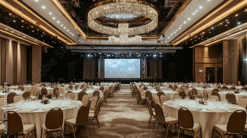 Elegant banquet hall setup for a formal event with stage