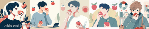 Vector man eating red apple