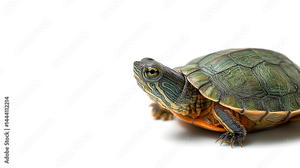 Obraz premium Close-up of a turtle resting on a clean surface, showcasing its intricate shell patterns and vibrant colors