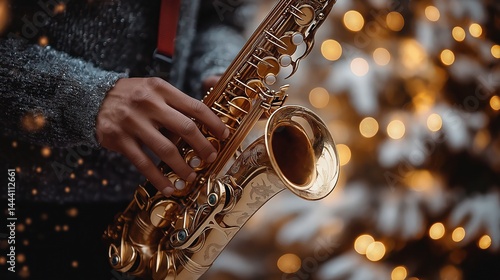 Close-up of a Saxophone Being Played with Blurred Christmas Lights in the Background - Festive Jazz Vibes