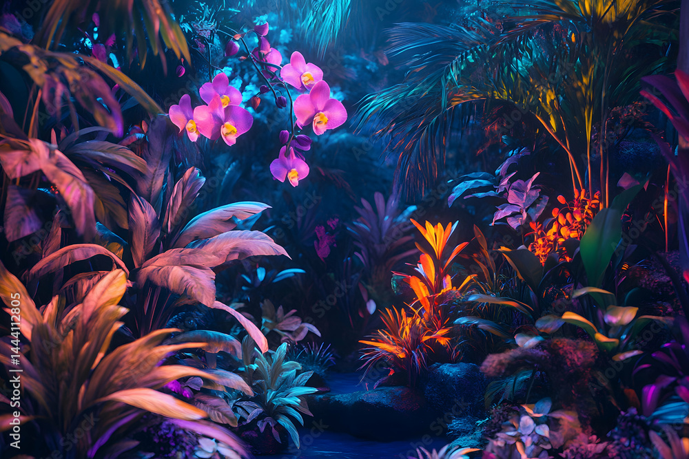 Glowing Orchids in a Neon Lit Jungle Scene for Visual Appeal Glowing Orchids in a Neon Lit Jungle Scene for Visual Appeal