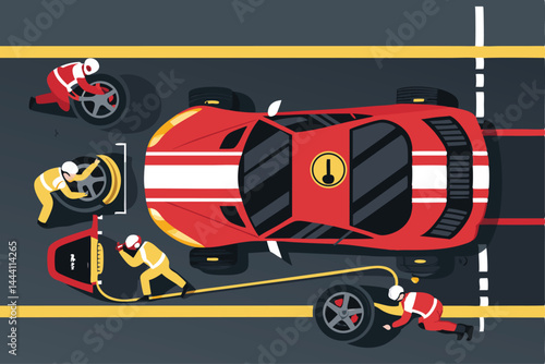 Overhead vector illustration of a Formula 1 pit stop, showcasing a team rapidly changing tires and performing vehicle maintenance.