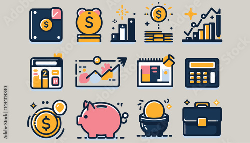 A set of finance-related icons illustrating money concepts such as currency, savings, and investment.