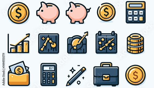 A collection of business and finance icons, including graphs, currency symbols, and briefcase illustrations.