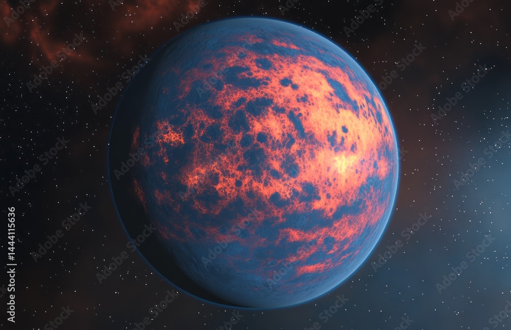 Obraz premium Volcanic planet, space, fiery surface, nebula background, cosmic exploration