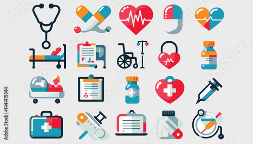  A collection of medical and health care icons, including symbols for hospitals, stethoscopes