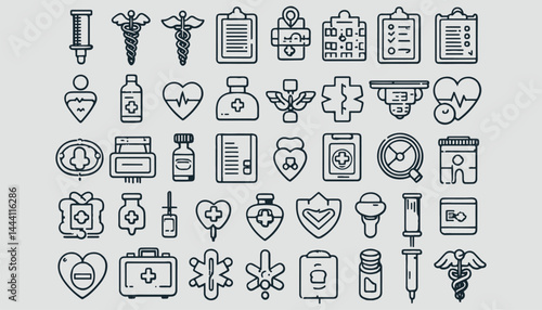 Set of medical icons showcasing diverse medical equipment and supplies